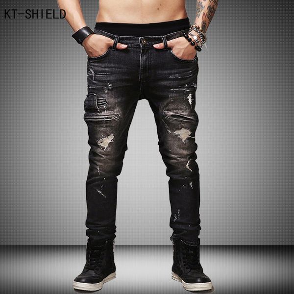wholesale- mens ripped biker jeans homme cotton black slim fit motorcycle jeans men vintage distressed denim jeans pants