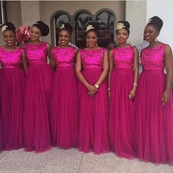 Rose Red laço sequin de dama de honra formal vestidos 2017 com saia removível longo tulle festa de casamento vestidos de convidado nigeriano estilo africano mais