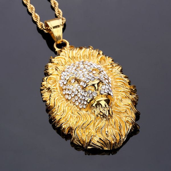 

men women gift lion head pendant necklace stainless steel animal king vintage gold plated men's hip hop fashion jewelry, Silver