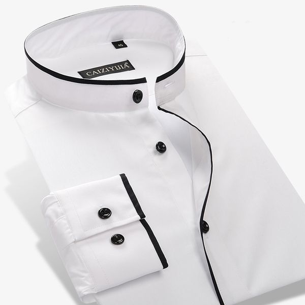 

wholesale- men's mandarin collar shirt 100% cotton long sleeve slim solid color mens business casual dress shirts, White;black