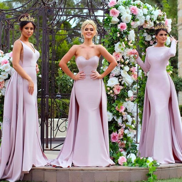 

elegant light purple long sleeve bridesmaid dresses mermaid satin detachable train applique sequins mismatched maid of honor gowns evening, White;pink