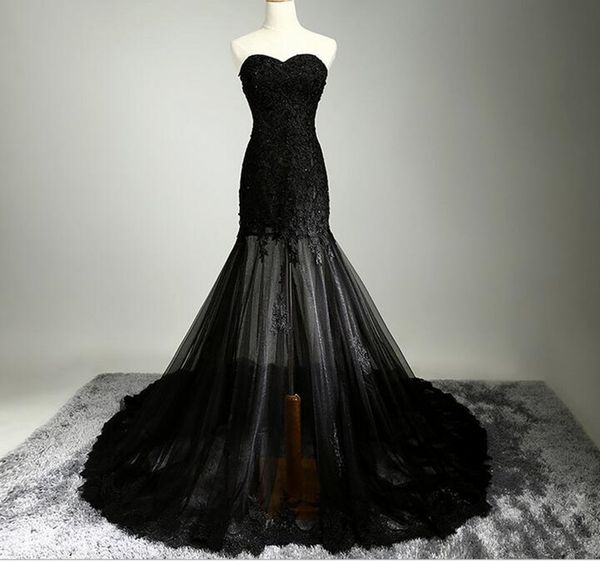 

sweetheart evening dress mermaid black lace appliques classic tulle 2019 new sparkly custom made vestidos formal gowns transparent women, Black;red