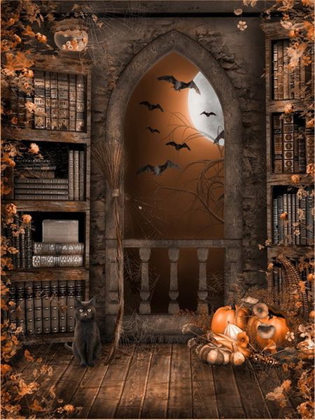 Vintage Castle Indoor Bücherregal Fotohintergründe Schwarze Katze Kürbisse Bogen Fenster Balkon Fledermäuse Nachtmond Halloween Kulissen Holzboden