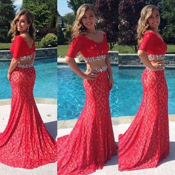 

2019 Newest Red Two Piece Prom Dresses Lace Half Sleeve V Neck Mermaid Sweep Train Charming Long Evening Dress Robe de soiree Custom Made