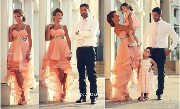 

coral colour high low prom dress new arrival crystal spaghetti strap organza formal wear party gown custom made plus size, Black
