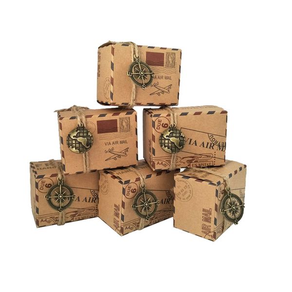 

wholesale-100pcs vintage favors kraft paper candy box travel theme airplane air mail gift packaging box wedding souvenirs scatole regalo