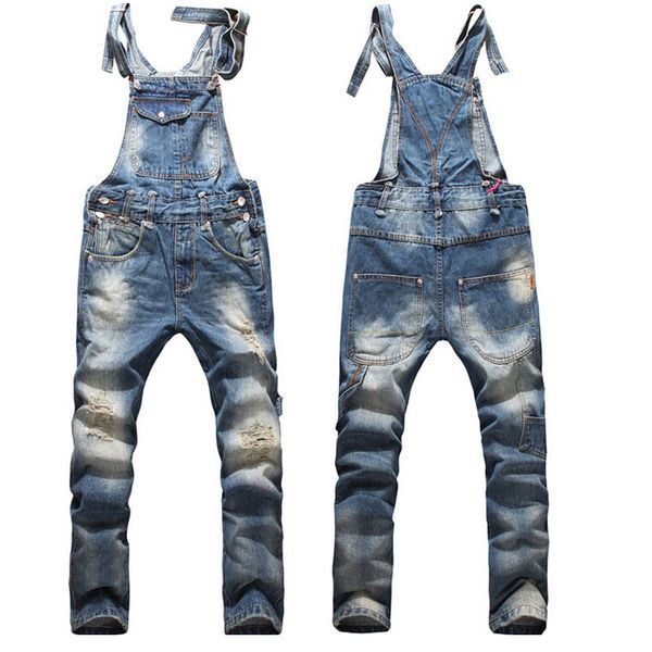 Atacado- Moda Mens Rasgado Skinny Bib Macacões Jeans 2017 Casual Designer Slim Fit Distrressed Jeans Homens Jeans Jeans Jeans Calças