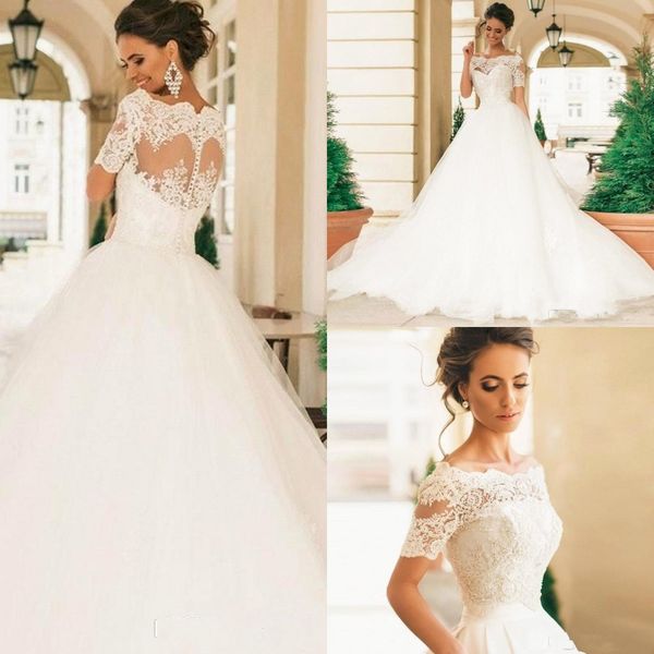

2017 robe de mariage с короткими рукавами свадебные платья кружева аппликация жемчуг sheer bateau шея винтаж кружева свадебные платья vestid, White