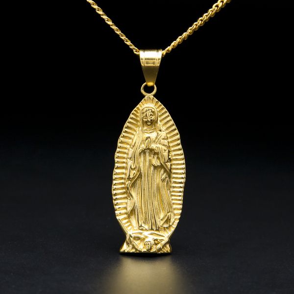 Gott Heilige Mutter Jungfrau Maria Charm-Anhänger Gelbgold mit 61 cm langer kubanischer Panzerkette für Männer und Frauen