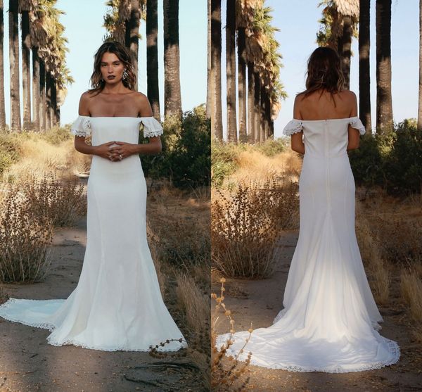 

2017 new simple off shoulder short sleeves beach wedding dresses lace chiffon boho mermaid wedding bridal gowns, White