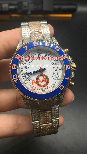

high-quality blue bezel full iced out rose gold 2 tone case automatic men's watch luxury fashion watches, Slivery;brown
