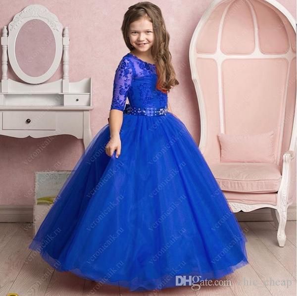 

lace 2017 arabic flower girl dresses half sleeves beaded tulle child wedding dresses vintage little girl pageant dresses, White;blue