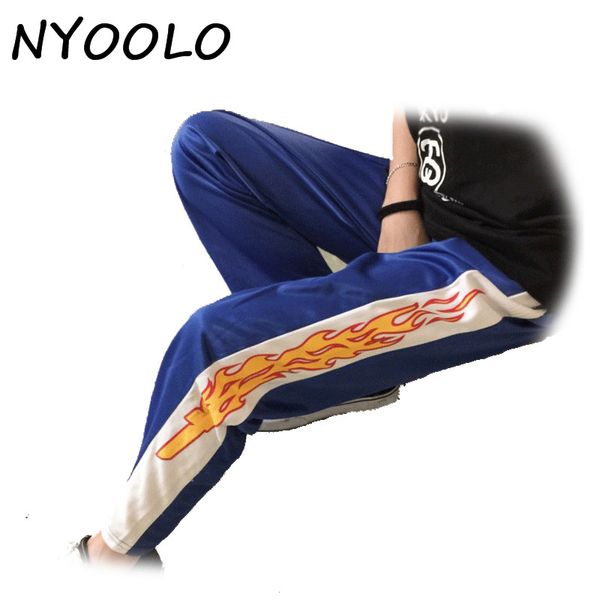 

wholesale- nyoolo korea design novelty flame print harajuku loose casual straight pants women and men elastic waist hip hop pants, Black;white