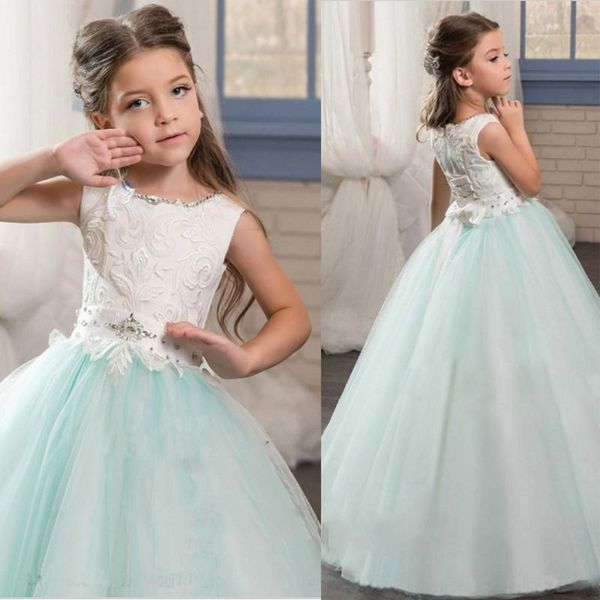 Neue kleine Mädchen Festzug Kleider Prinzessin Tüll schiere Juwel Kristall Perlen weiße Koralle Kinder Blumenmädchen Kleid Geburtstag Kleider