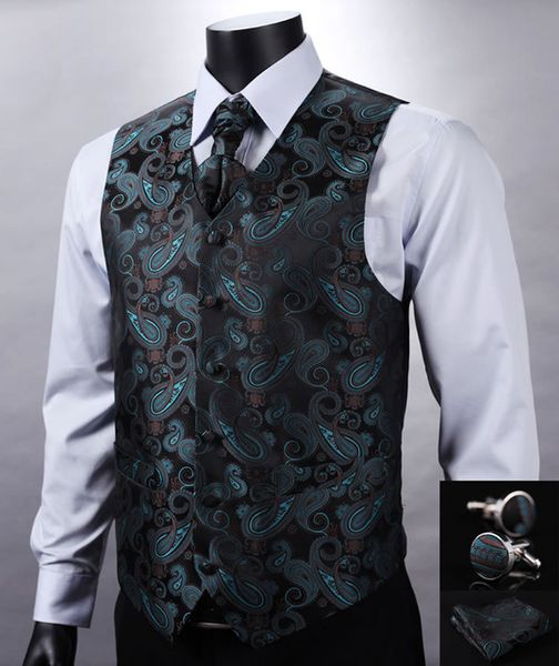 All'ingrosso- VE11 Green Black Paisley Top Design Wedding Men 100% Gilet di seta Gilet Taschino Quadrato Gemelli Cravatta Set per abito smoking