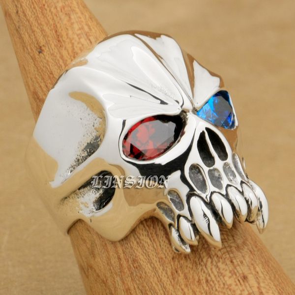 

linsion huge heavy 925 sterling silver red + blue cz eyes skull mens biker rocker punk ring 9m704 us size 7~15, Golden;silver