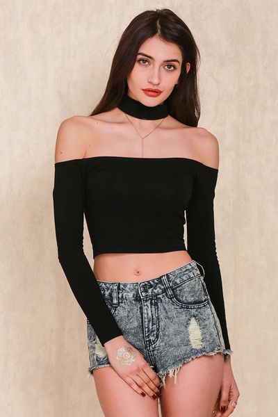 Wholesale- Long Sleeve Casual Shirt Crop Tops T-Shirts Fashion Sexy Women Cotton Clothing Off Shoulder