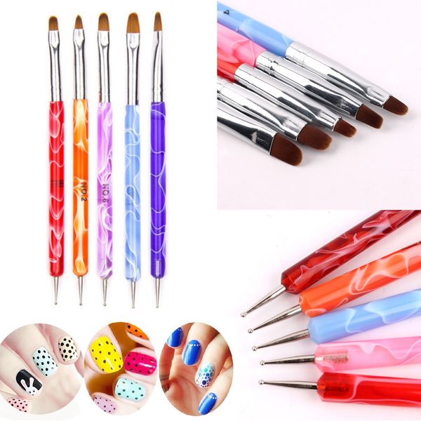 5-teiliges 2-Wege-Marmorierungs-UV-Gel-Nagelkunst-Dotting-Pinsel-Stift-Set, 5 Größen #R498