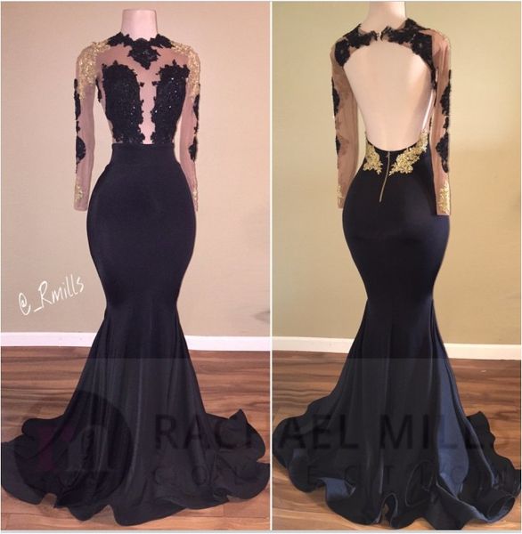 

2017 new black mermaid prom dresses jewel neck sheer long sleeves illusion bodices gold appliques backless evening dresses long cheap