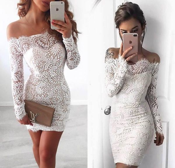 

full lace short white cocktail dresses 2017 off the shoulder long sleeves sheath mini prom party gowns custom made evening celebrity dress, Black