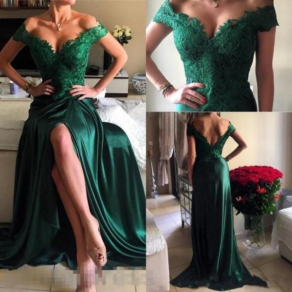 

2019 hunter green high split prom dresses off shoulder appliques lace a line floor length long vestidos de festas backless evening dresses, Black