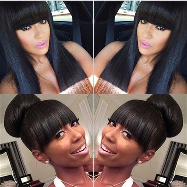 

Top quality simulation human hair long silky straight wigs with full bangs for black women in stock