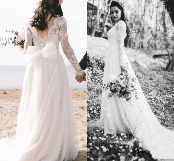 Romantische White Lace Top Brautkleider mit langen Ärmeln Backless Hochzeit Brautkleider mit Bow Sweep Zug A-Linie Brautkleid