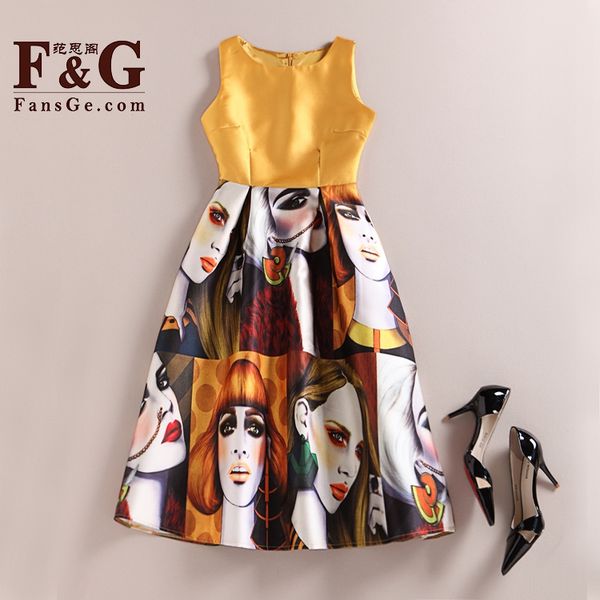 

wholesale- fansge fashion retro vintage 50s women o-neck sleeveless vest dress summer character print midi dress casual dresses jurken, White;black