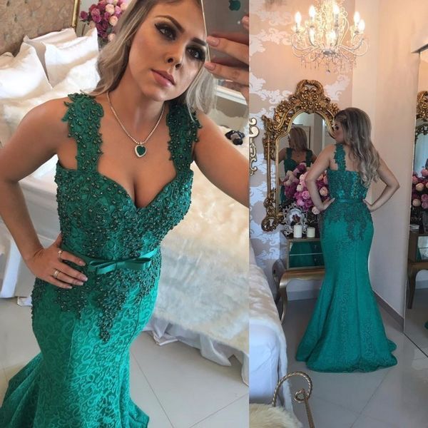 

long mermaid dresses evening wear hunter green 2017 queen anne sweetheart prom dress with beaded lace formal evening dresses low back, Black;red