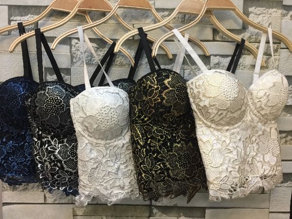 

wholesale- p265 new gold bronzing embroidery lace push up women's bustier bralette bra cropped vest plus size, White
