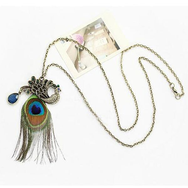 

good quality fashion popular peacock feathers pendants necklaces bohemia vintage women sweater chain necklace choker jewelry, Silver