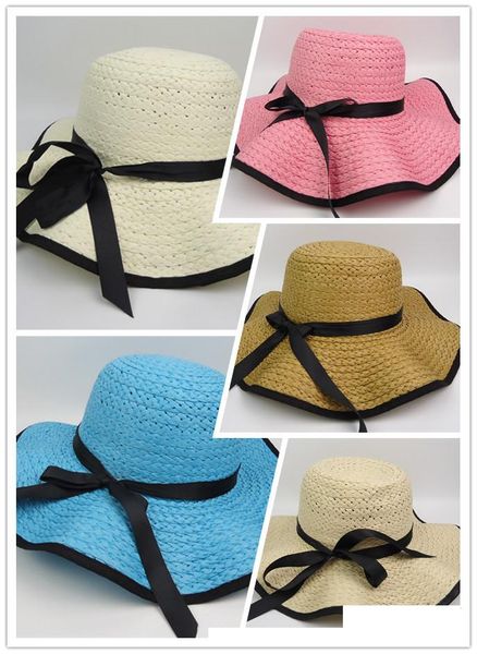 

vintage women large floppy foldable straw hat boho wide brim beach sun cap with bow summer holiday wear fashion accessories, Blue;gray