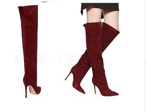 Großhandel Overknee-Stiefel aus Wildleder für Damen mit hohem Absatz, schlanke, oberschenkelhohe Stiefel, grau, braun, schwarz, rot, kniehoher Stiefel, große Größe 35–43