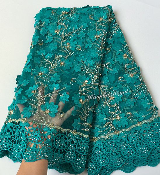 

Cla cord lace bordered teal gold tulle lace fabric african french lace with big la er tone 7426 unique and high quality
