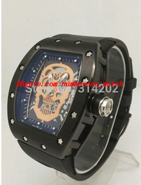 

luxury watches new super cool tonneau hollow out skull dial skeleton dial blcak bezel and case rubber watches mens watch, Slivery;brown