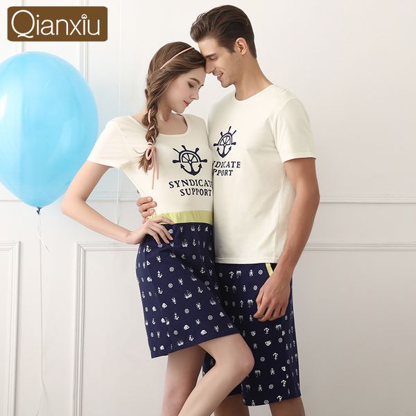 

wholesale- qianxiu summer sleepwear suit kintted cotton pajama set for man and women lovers pijamas1623, Black;red