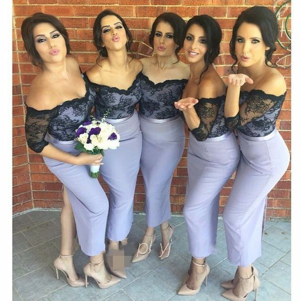 Black Lace Bridesmaid Dresses Bainha Estilo do Comprimento Do Tornozelo No Ombro Pescoço Meia Manga Iullson Sexy Designer Vestidos de Lavanda Dividir de Volta