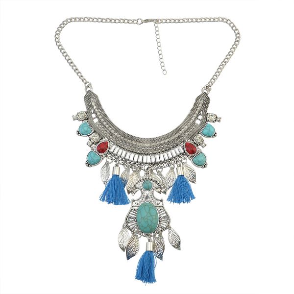 

idealway чешский серебряная цепь 3 цвета резные листья кисточкой бирюзовый кулон колье ожерелье, Golden;silver