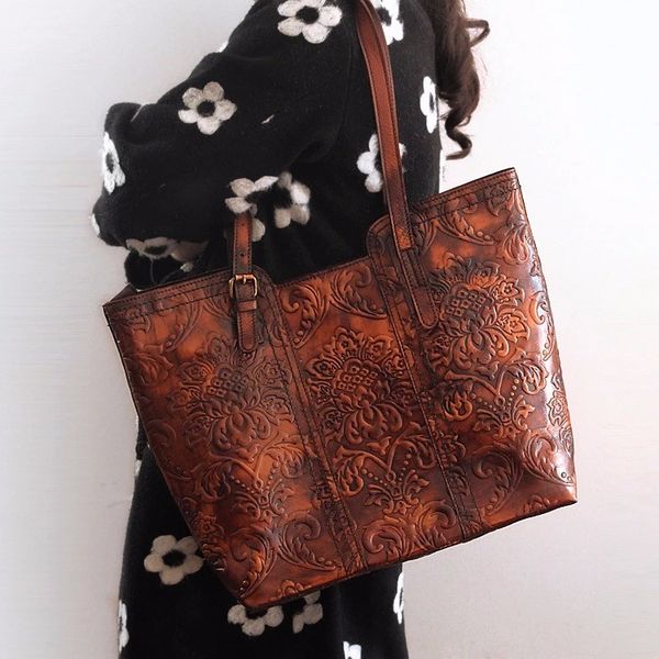 

new handmade vintage women single one shoulder bag engraving flower embossed design genuine leather ladies tote handbag