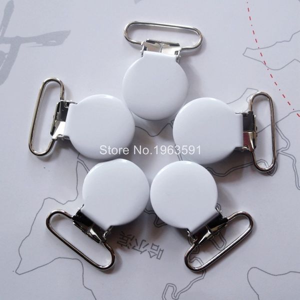 

wholesale-21 pcs 1'' 25mm white color enamel metal round baby pacifier clips / garment suspender clips