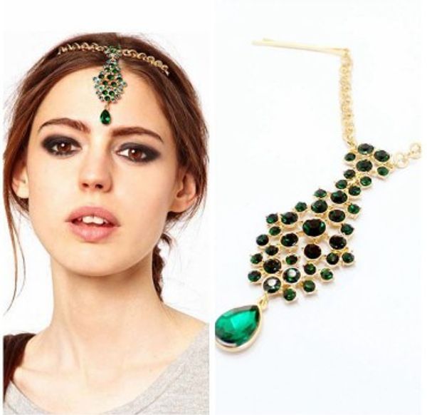 

chic green rhinestone forehead band indian queen womens forehead pendant peacock green forehead headband piece, Silver