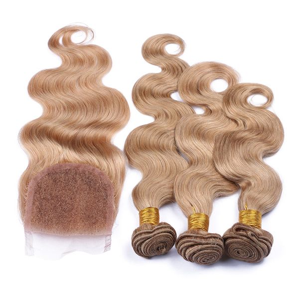 

#27 honey blonde 4x4 lace closure part with peruvian strawberry blonde virgin human hair weave bundles body wave 4pcs lot, Black