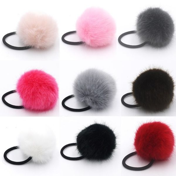 

lady girl 6 cm faux fur fluffy ball pom pom scrunchies pompon elastic ponytail holder hair rope hair ties for key chain bag accessory gr102, Slivery;white
