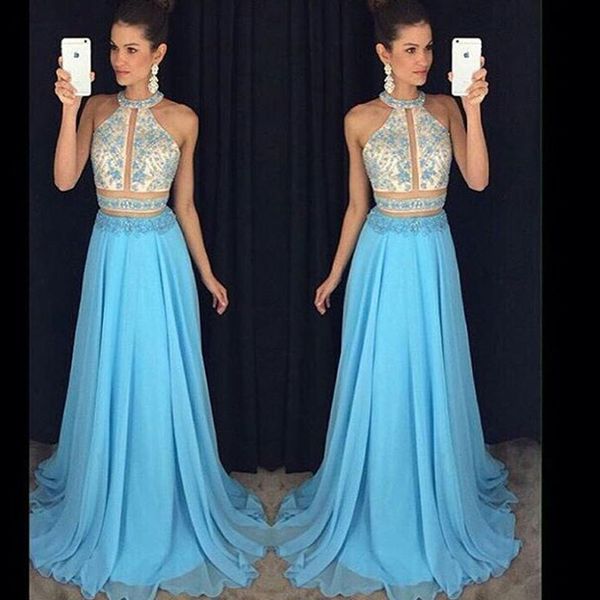 

evening dresses prom dresses prom dress lace appliques sweep train chiffon halter sleeveless a-line prom dress, Black