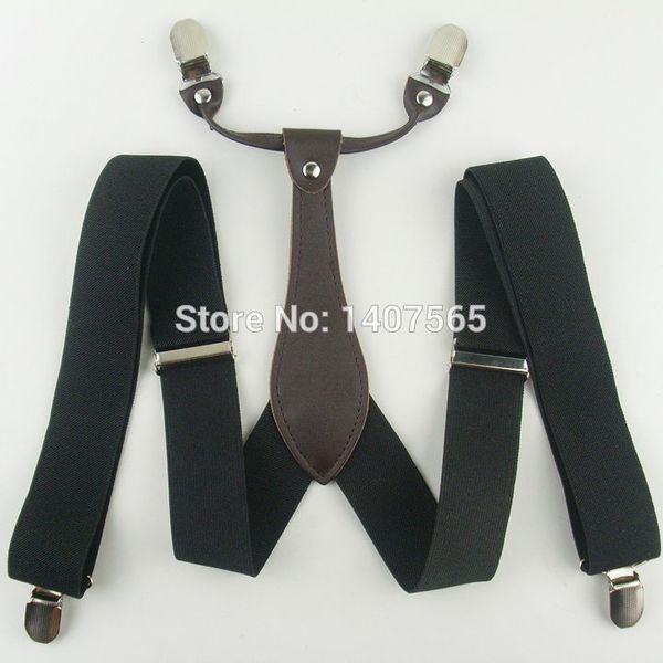 

wholesale-mens 3.5 cm width adjustable clip-on solid black suspenders 4 clip braces, Black;white