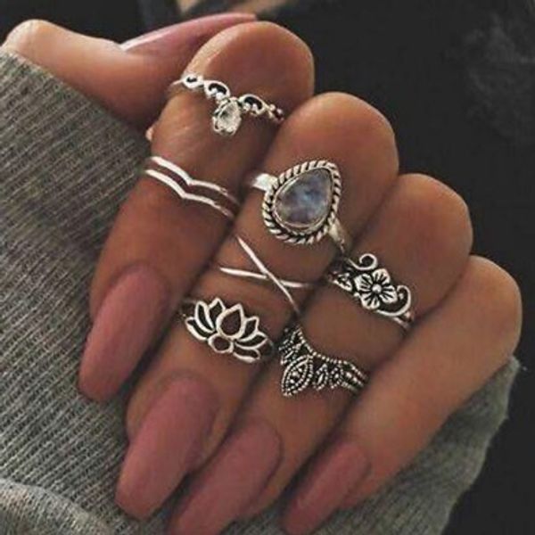 

vintage lotus joint knuckle ring set antique silver/gold fake gemstone knuckle midi mid finger tip stacking rings