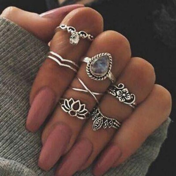 

vintage lotus joint knuckle ring set antique silver/gold fake gemstone knuckle midi mid finger tip stacking rings
