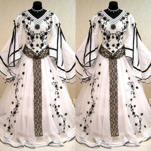 Vintage 2019 Preto e Branco Vestidos manga comprida casamento gótico V Neck bordado Applique medieval vestidos de noiva Custom Made EN04241