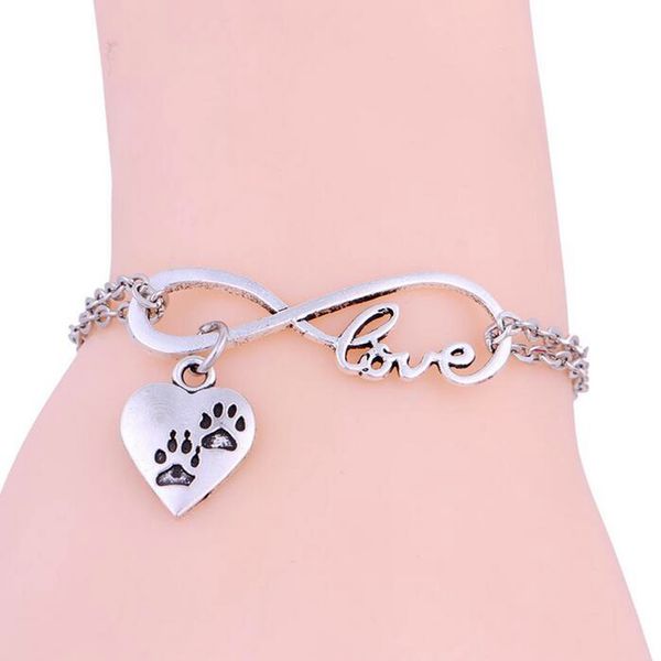 

Hot ! 20Pcs New European and American style Fashion women's Antique silver Alloy love Heart Dog Prints Infinity Pendant Bracelet Chain Charm