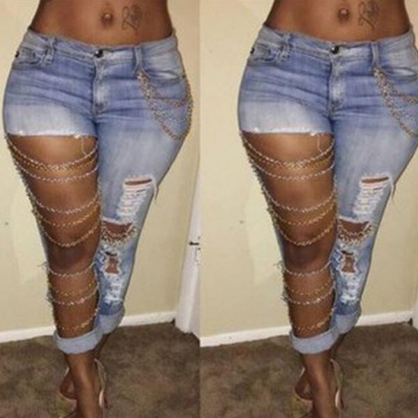

wholesale- fashion women ripped jeans pants cool denim big hole&chains vintage pencil pants mid waist trousers -mx8, Blue